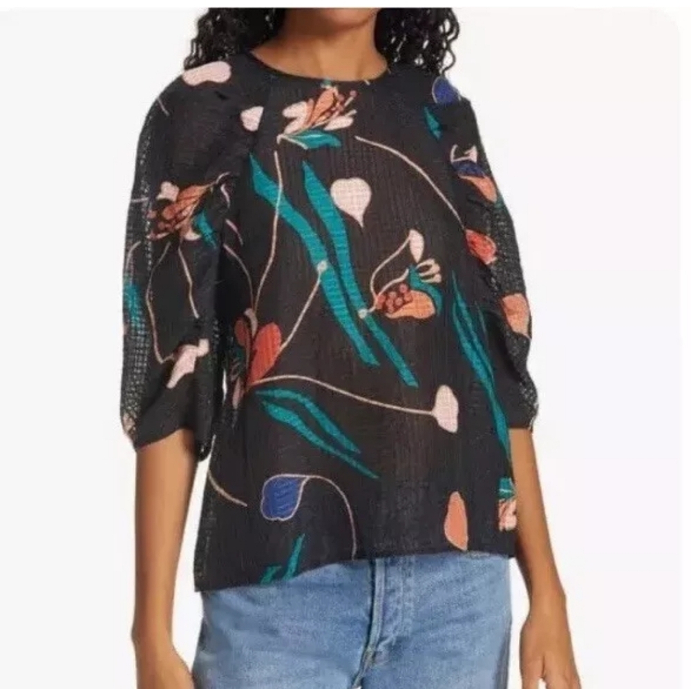 Rebecca Taylor NWT Botanical Bloom Sheer Blouse in Black Size 0